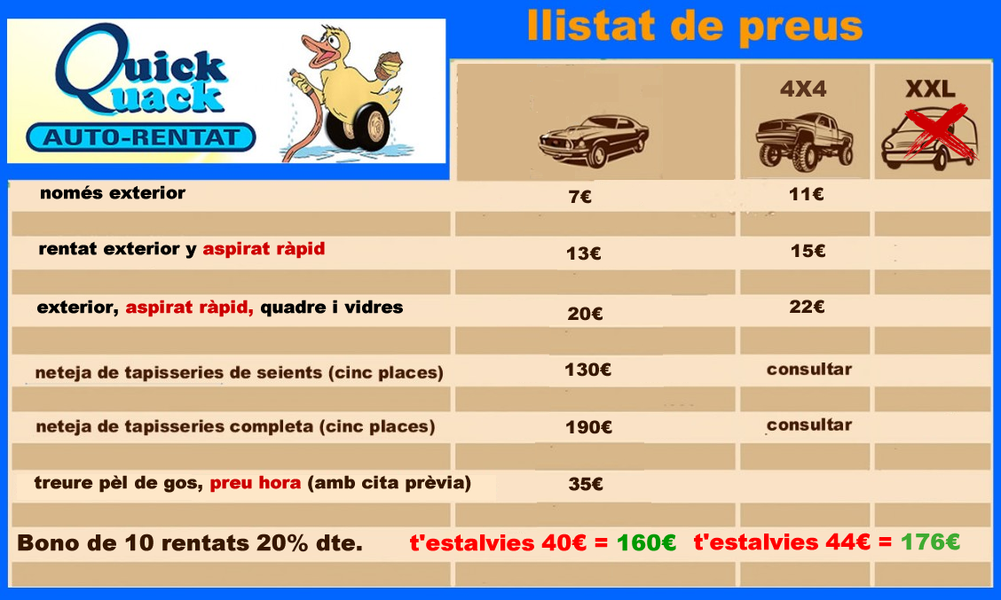 llista de preus dels nostres serveis